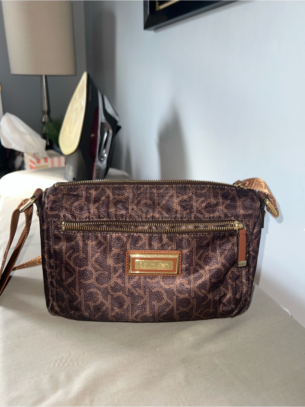 Calvin Klein Brown Monogram Compact Crossbody with Gold Hardware